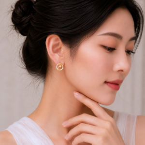 Bông Tai Vàng 610 Đính Đá Tròn Tấm Máy Nhị Sao Máy B089090