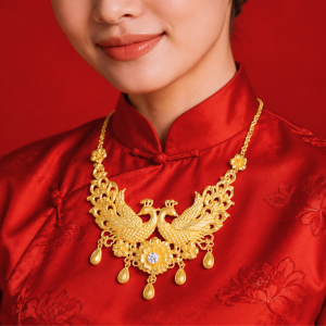 Dây Chuyền Cưới Vàng 980 Đôi Công Hoa 2 Tầng Nhị 1 Hột Tòn Ten D096383