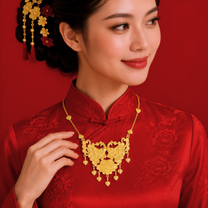 Dây Chuyền Cưới Vàng 980 Liền Mặt Đôi Công Tòn Ten Tim D098330